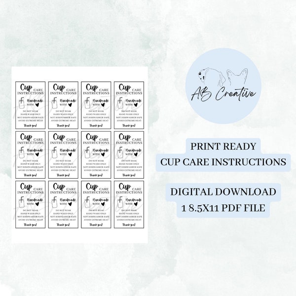 Print Ready Cup Care Instructions for Glass Cups | Digital Download 8.5x11