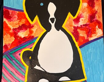 Pode incluir: Uma pintura de silhueta de cão preto e branco com um olho azul, sobre um fundo colorido de listras vermelhas, laranja, amarelas, azuis, roxas e verdes.