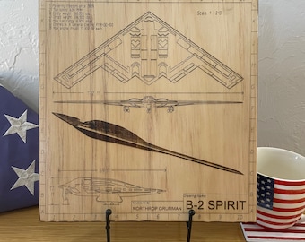 Northrop Grumman B-2 Spirit Bomber Blueprint Wall Art Woodburn Engraving. Excellent military airplane gift, pilot gift, and winging gift!