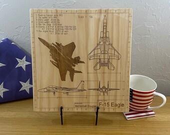 McDonnell Douglas F-15 Eagle Blueprint Wall Art Laser Engraving. Excellent military airplane lover gift, pilot gift, and graduation gift!