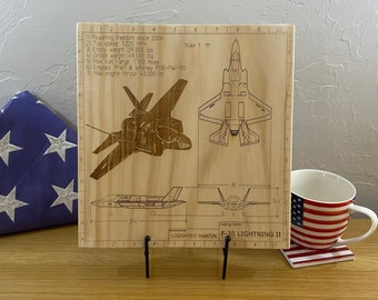 Lockheed Martin F-35 Lightning II Blueprint Wall Art Laser Engraving. Military gift, aviator gift, pilot gift for man, and airplane gift!