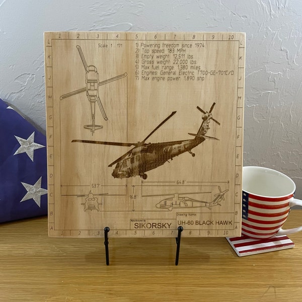 Sikorsky UH-60 Blackhawk Blueprint Wall Art Woodburn Engraving. Excellent military airplane gift, gift for pilot, and marine gift!