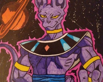 May include: A purple and blue anime character with a pointed head and yellow eyes stands against a black background with a planet and a ringed planet in the background. The character has a yellow collar and a blue sash around its waist.