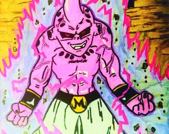 May include: A pink and purple cartoon character with a menacing expression, surrounded by a swirling energy field. The character has a black belt with a yellow "M" symbol and a pointed head.