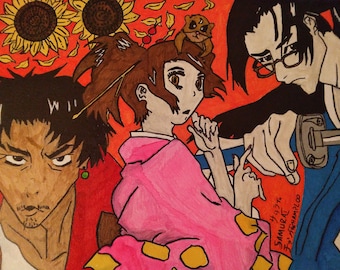May include: A hand-painted illustration of three anime characters. The characters are a woman with long brown hair wearing a pink kimono, a man with black hair wearing a blue shirt and a sword, and a man with brown hair wearing a red shirt. The background is a red and orange color with sunflowers and leaves.