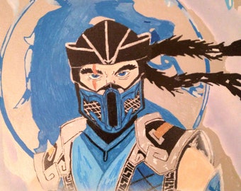 May include: A hand-painted illustration of a character from the video game Mortal Kombat. The character is wearing a blue and black costume with a mask and a white headband. The background is a blue and white icy landscape with a blue and white dragon symbol.