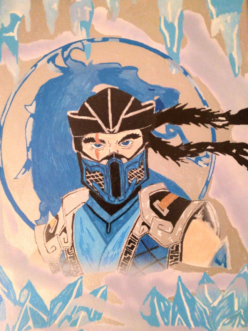May include: A hand-painted illustration of a character from the video game Mortal Kombat. The character is wearing a blue and black costume with a mask and a white headband. The background is a blue and white icy landscape with a blue and white dragon symbol.
