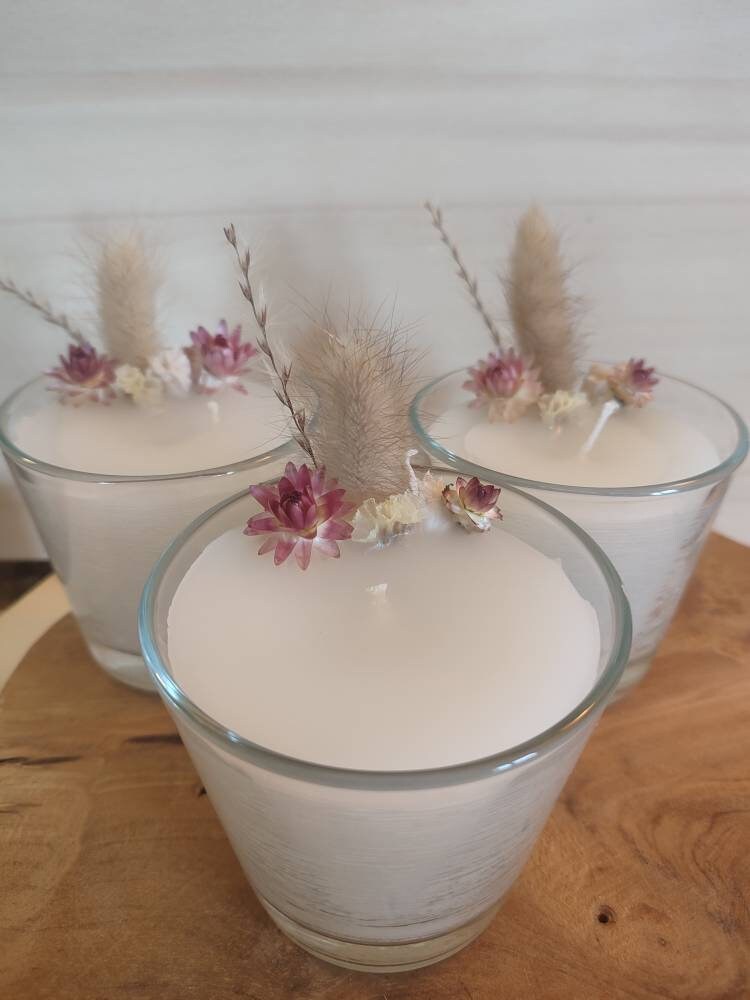 Bougie de Fleurs Séchées Rose et Beige Contenant en Verre