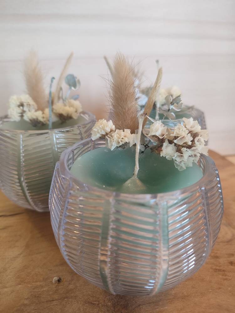 Bougie en Verre Bleu Fleurs Séchées