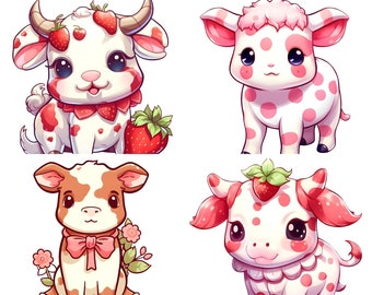 4 Strawberry Cow SVG PNG JPG files download | Pink Cow Clipart | Cute Cow | Baby Cow Printable, Highland Cow Print