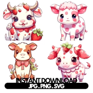 4 Baixar arquivos de vaca de morango SVG PNG JPG | Clipart de vaca rosa | Vaca fofa | Vaca bebê para impressão, estampa de vaca das montanhas