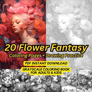 20 Flower Fantasy Coloring Book, Grayscale coloring pages for adults Coloring Book For Stress Relief Coloring Book digital download