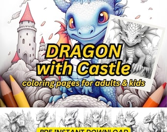 23 Castle with Dragon Coloring Pages for Adults & Kids, Fantasy Coloring Pages, Best for Dragon Coloring Book Age 10, Digital Download