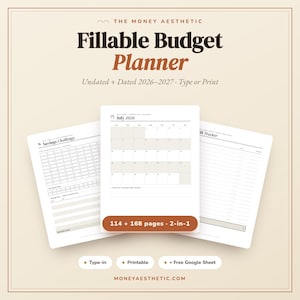 May include: A digital budget planner set titled The Money Aesthetic Fillable Budget Planner, featuring undated and dated 2026-2027 pages. The display shows a July 2026 calendar, a savings challenge grid, and a bill tracker with 114 + 168 pages total.