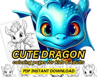 35 Cute Dragon Coloring Pages for Kids and Adults, Fantasy Coloring Pages, Best for Dragon Coloring Book Age 10, Digital Download