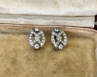 1980s Monet designer silver tone crystal Deco style geometric statement clip on earrings, quality costume jewellery
