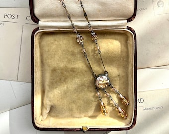 Art Deco NEGLIGEE NECKLACE murano foiled pink & gold glass bead necklet w/ asymmetrical tassel, dragon&#39;s breath glass