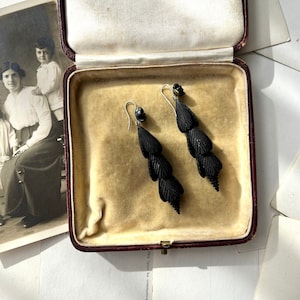 19thC BOG OAK Exceptional Victorian carved gemstone drop mourning earrings, incredible survivor, rare antique drops