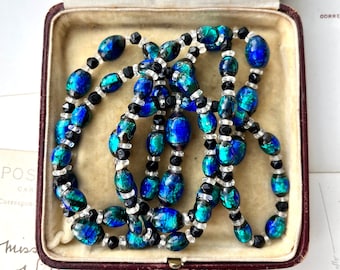 Antique FOILED GLASS BEADS exceptional blue green dragons breath beads flapper length necklace w/ rock crystal & French jet
