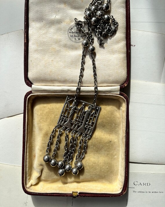 1970s EGYPTIAN TASSEL NECKLACE Art Deco style sil… - image 2