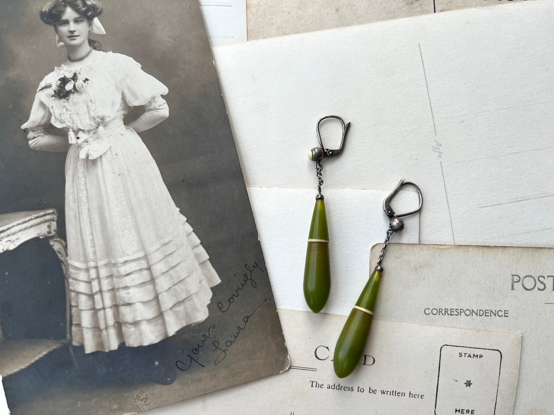 Art Deco DROPS Sterling Silver Faux Jade Early Plastic Earrings