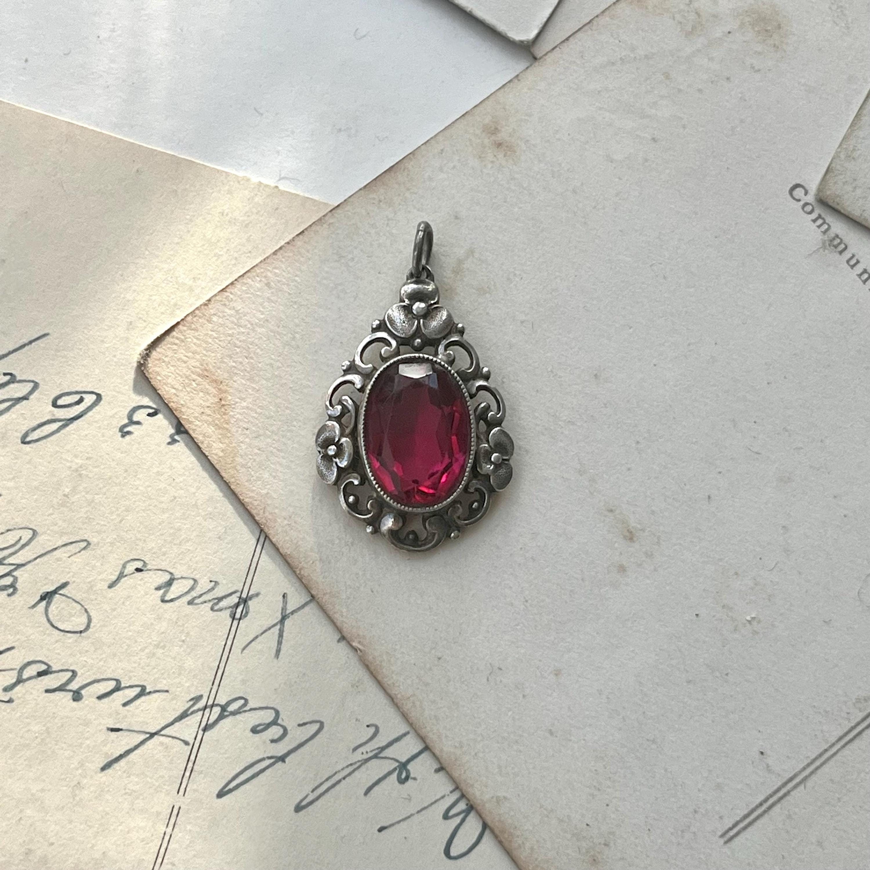 Vintage pretty floral SILVER PENDANT 835 silver foliate mount bright pink ruby paste gem pendant