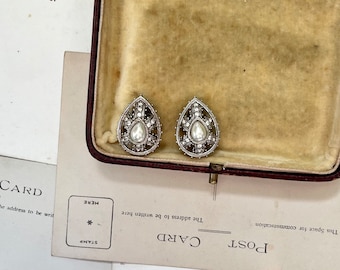 1980s Monet designer silver tone teardrop crystal and faux pearl Victorian style statement clip on earrings, quality costume jewellery