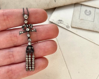 Antique .935 silver LAVALIERE NECKLACE bow paste tassel drop pendant necklace, antique, French