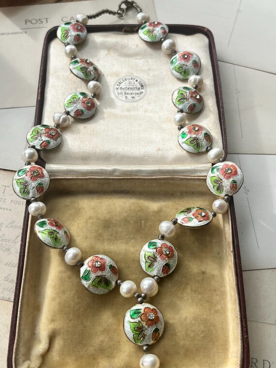 Collier Fantaisie Ancien à Pampille - Perles, Fleurs Et Feuillage Rose Et Bleu Pastel