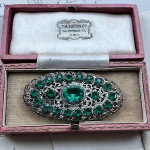 True vintage CZECH filigree faux emerald vivid green gemstone paste large antique brooch
