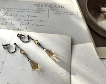 Art Deco DROPS sterling silver citrine drop earrings, flapper drops, screwback