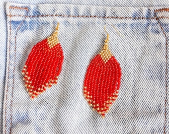 Holiday Sparkle Earrings, Red Gold Color Dangle Earrings, Handmade Beaded Earrings, Fancy Earrings