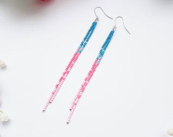 Bright pink blue beaded earrings,Long iridescent earrings, Handmade earrings for women