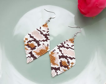 Beaded Snake Skin Dangle Earrings: Pink & Brown Print
