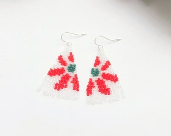 Light Clear Red Flower Earrings,Ethereal Beaded Earrings,Cool Holiday Earrings