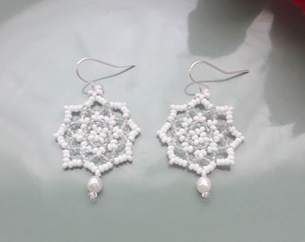 Earrings with natural pearls and beads,Elegant white earrings with natural pearls,Festive earrings, Bridal earrings
