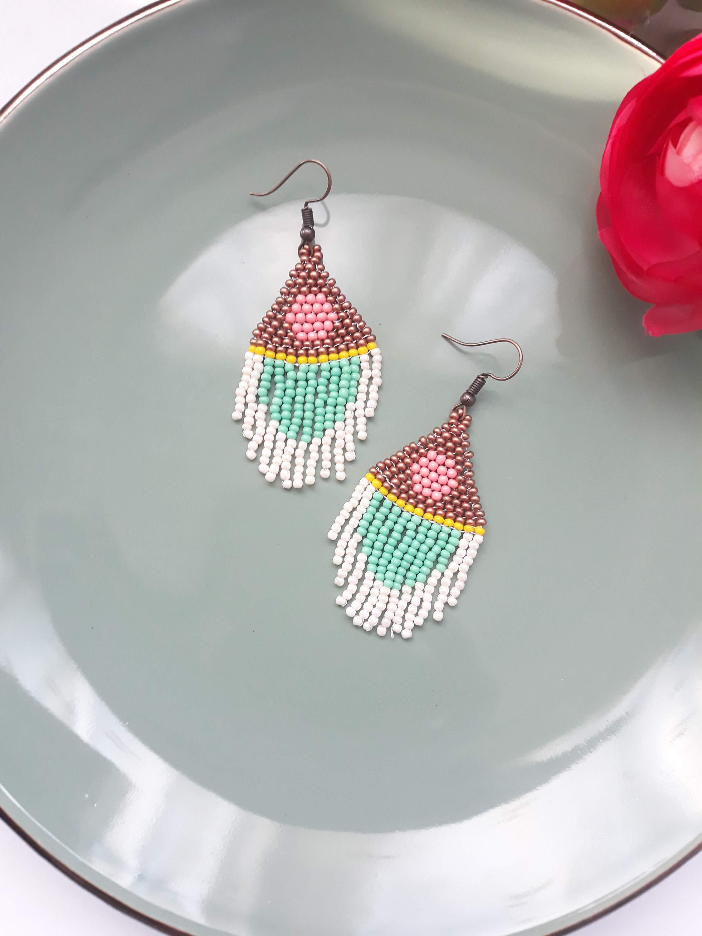 Colorful Beaded Dangle Earringspastel Gold and Mint - Etsy