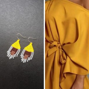 Mini dangling earrings with beads, Handmade earrings in yellow, Fringe in brown and transparent, Exquisite earrings for her
