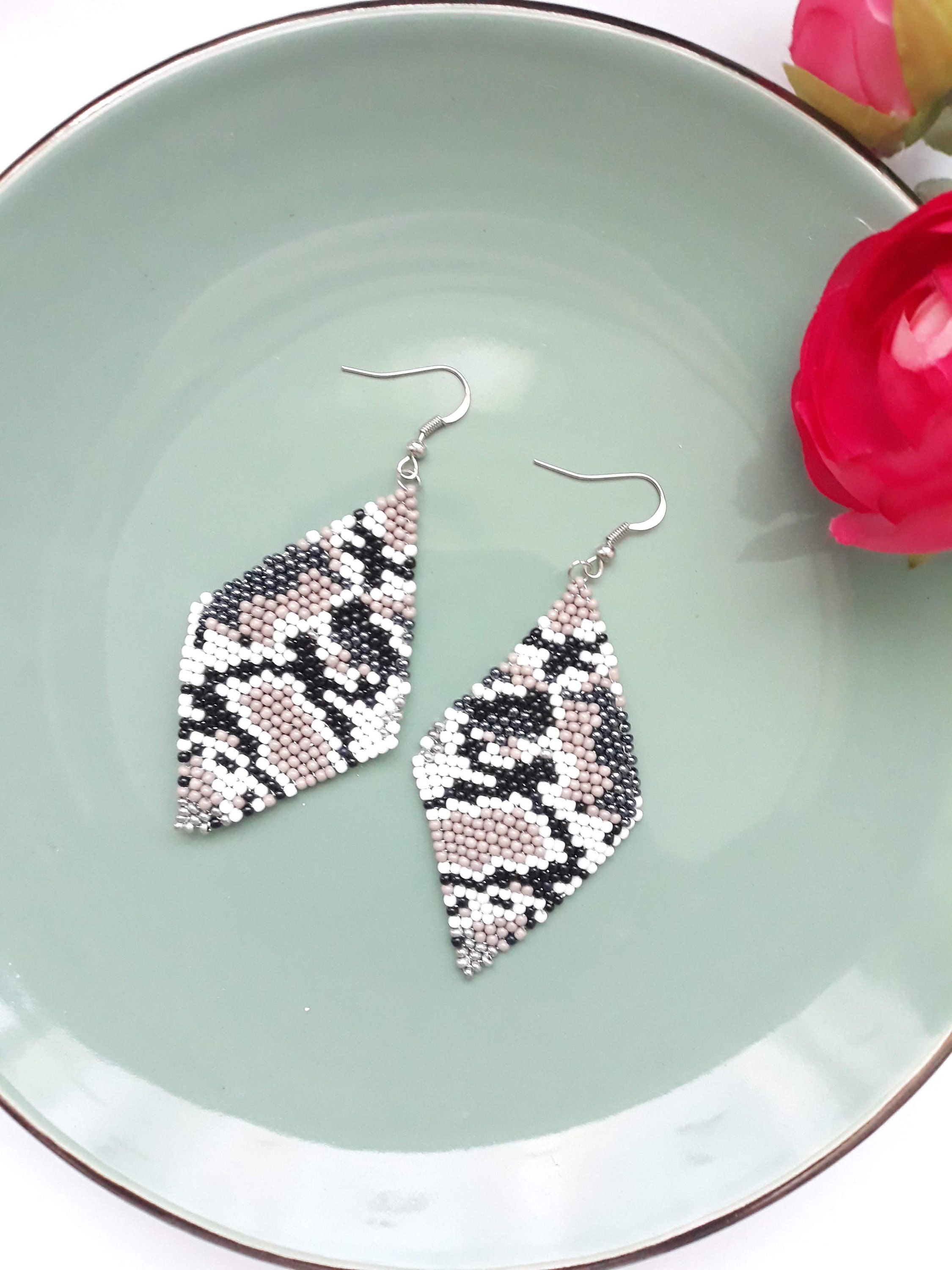 Snakeskin Beaded Earrings,handmade Dangle Earrings,snake Print Earrings