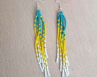 Long Beaded Tassel Earrings,Colorful Fringe Earrings,Turquoise Yellow White Iridescent Earrings,Beaded Fringe Earrings