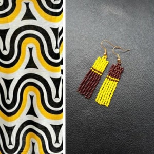 Elegant Yellow and Brown Earrings, Beaded Earrings, Asymmetrical Earrings, Hand Woven Fringe Earrings, Sun-Earth Earrings