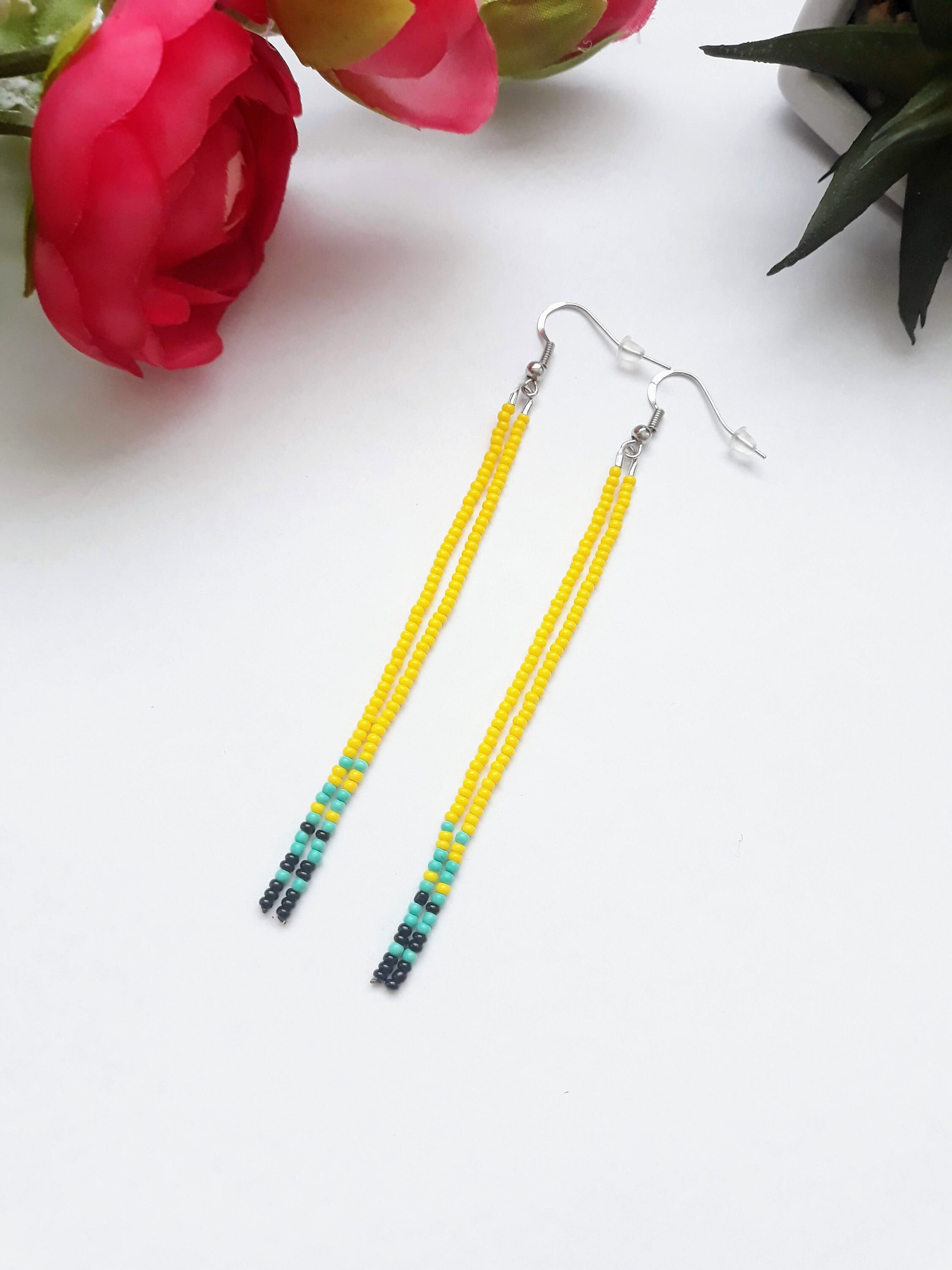 Yellow Art Beaded Earrings,long Yellow Beaded Earrings,bright Dangle