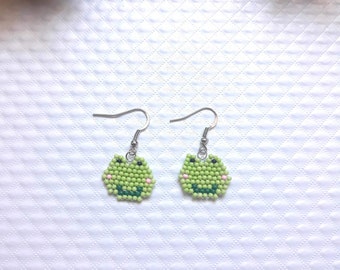 Handmade Beaded Frog Earrings, Cute Green Glass Beads