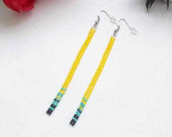 Yellow art beaded earrings,Long Yellow Beaded Earrings,Bright Dangle Earrings,Sunny Yellow Earrings,Fashion Jewelry For Her