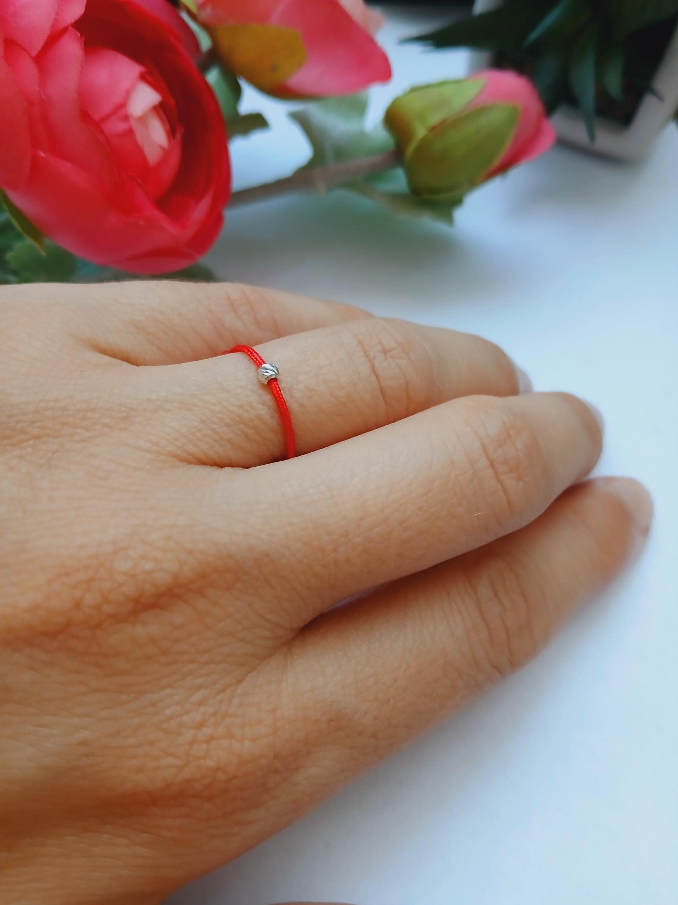 String With Ring Red String Ring: Sterling Silver Bead, Adjustable Protection Ring - Etsy