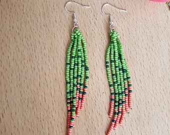 Beaded Tassel Earrings, Colorful Beaded Earrings,Iridescent earrings in red, green and grapefruit,Fun earrings for women