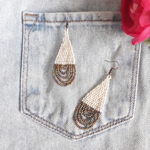 Beaded Fringe Earrings: Beige & Golden Iris, Elegant Dangle Earrings