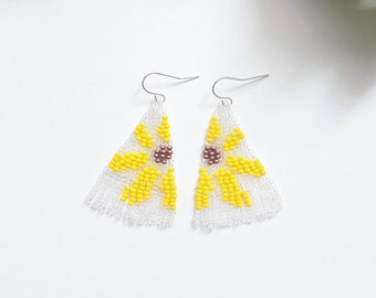 Yellow Flower Clear Dangle Earrings,Enchanting Seed Bead Earrings,Charming Yellow Flower Earrings
