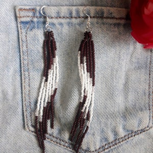 Silver Woven Beaded Earrings,925 Sterling Silver Earrings,Brown White Dangle Earrings,Beaded Tassel Earrings