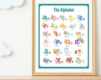 Alfabetgrafiek, alfabet kinderposter, ABC-afdruk voor kinderkamer, inrichting educatieve speelkamer, ABC-poster, kinderkamerkunst